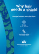 Image of hair strand graphic: why hair needs a shield, damage happens every day from: uv rays, mechanical styling, environmental aggressors, damage happens at every level
